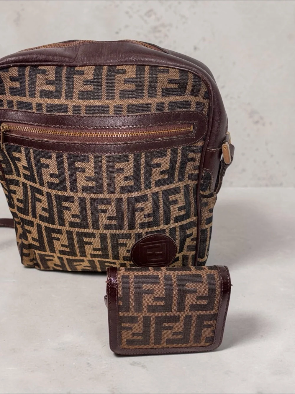Fendi Brown FF Logo Messenger Bag with Matching Wallet